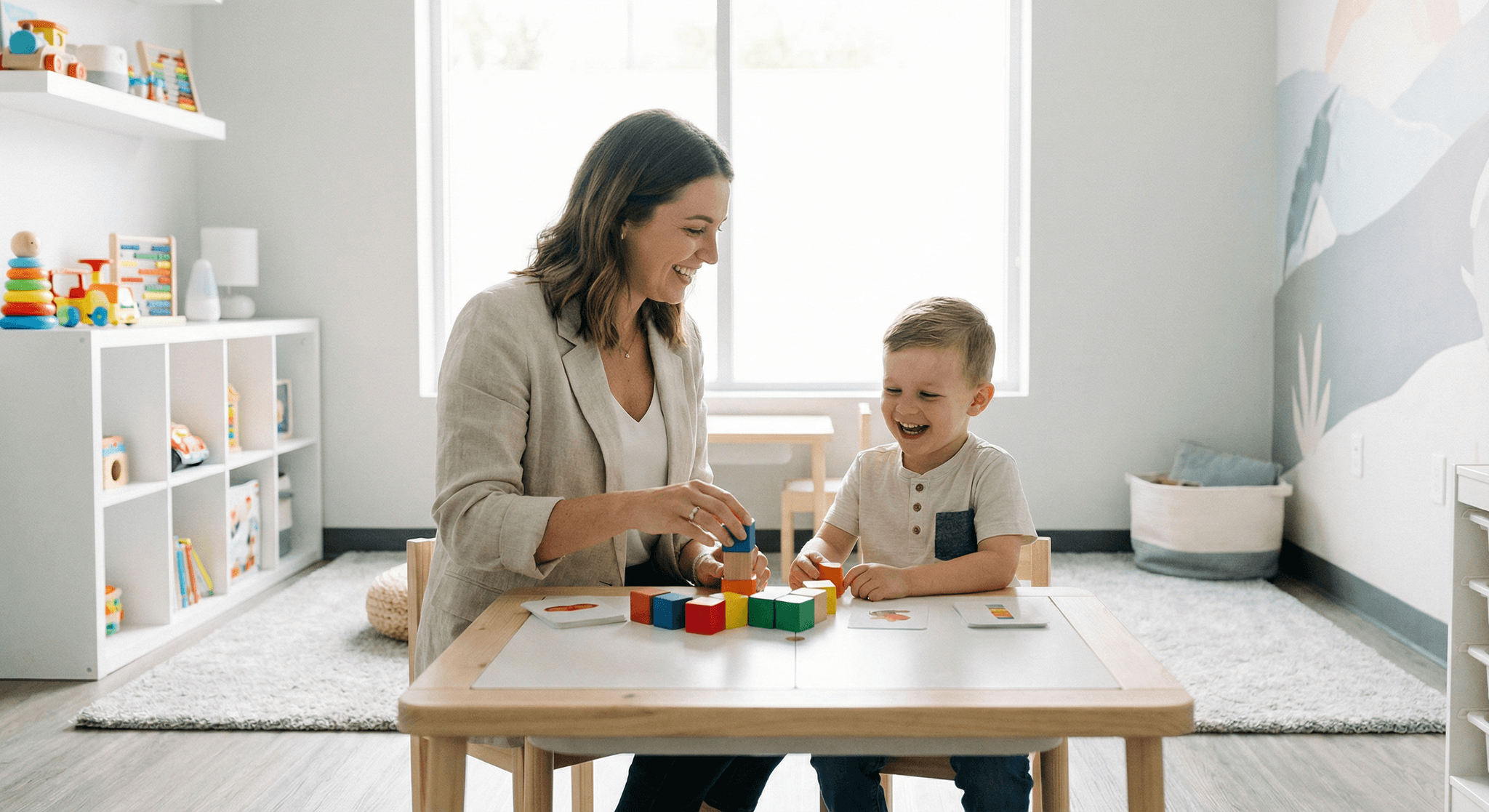 Speech therapist working with child client in therapy session