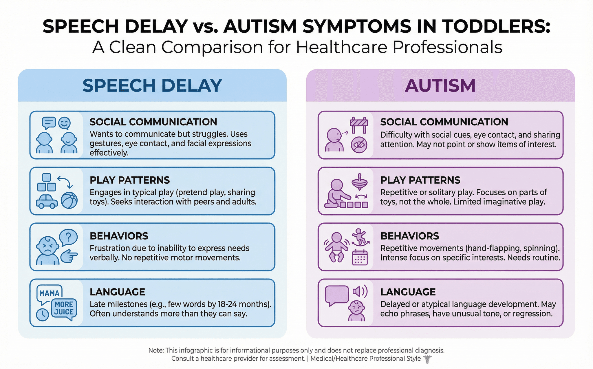Comparison chart showing differences between speech delay and autism